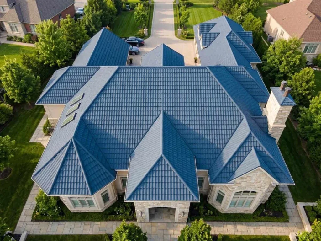 Stone coated metal roofing shown on a building roof