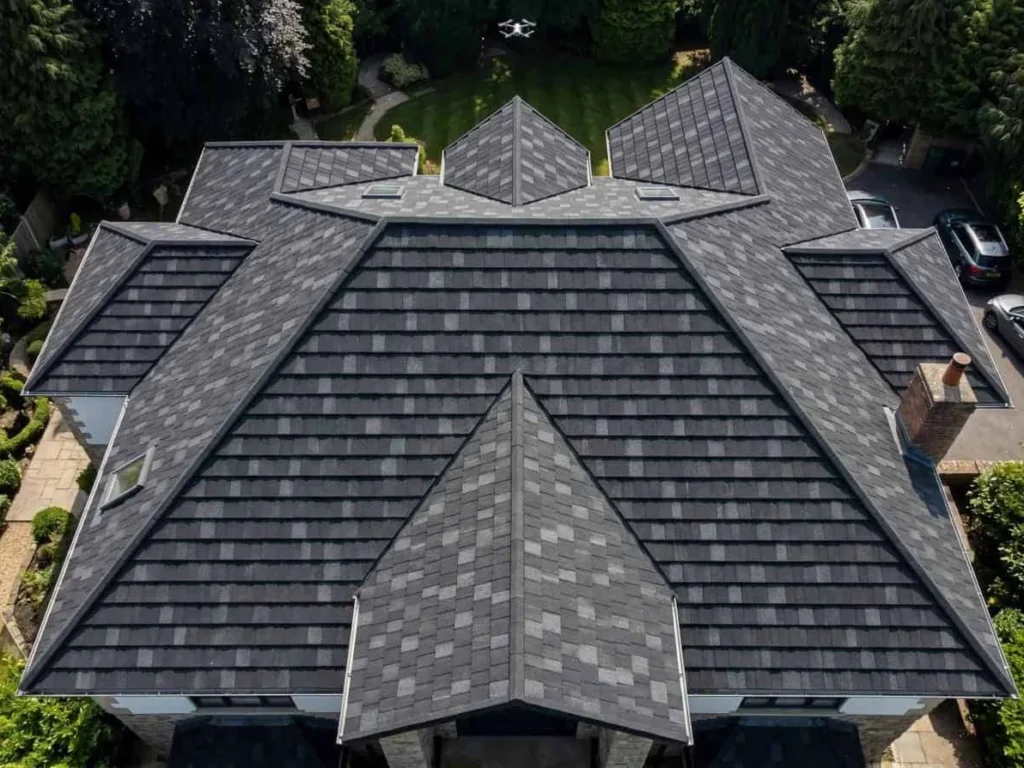 Stone coated metal roofing shown on a building roof