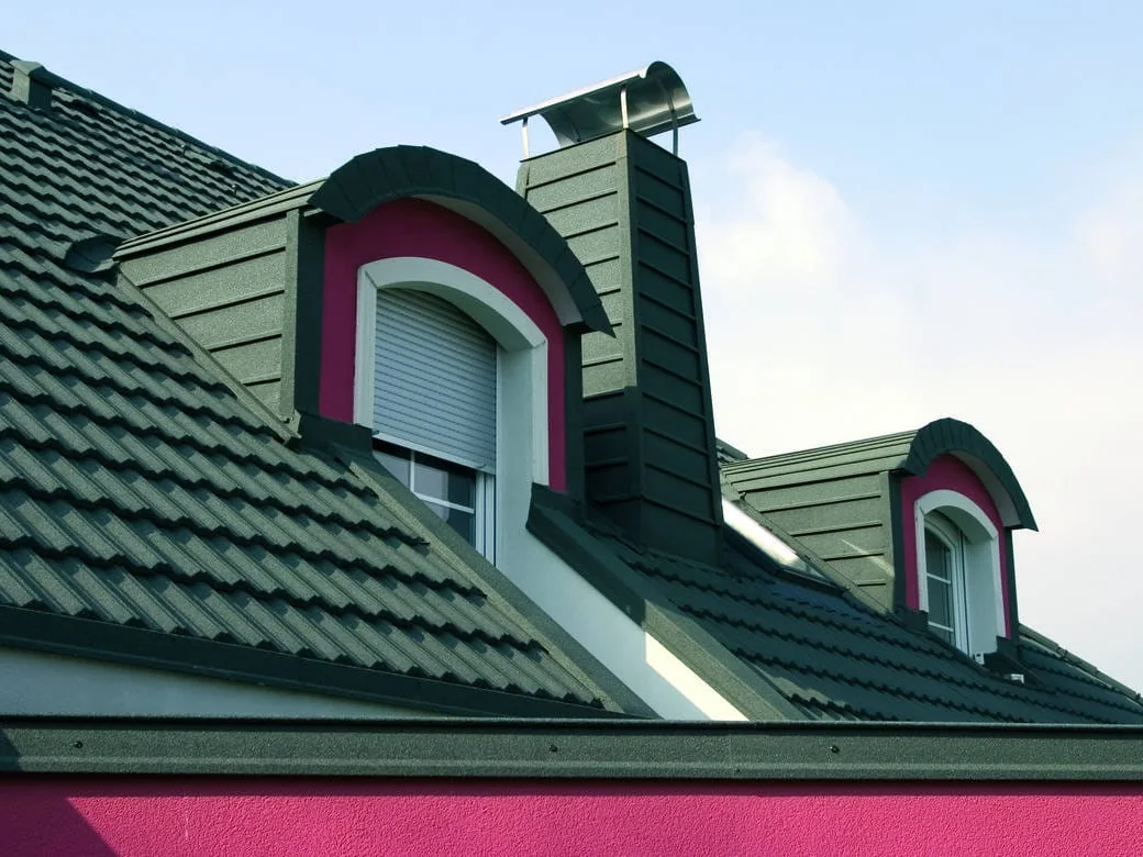 Stone coated metal roof tiles shown in a roof surface detail