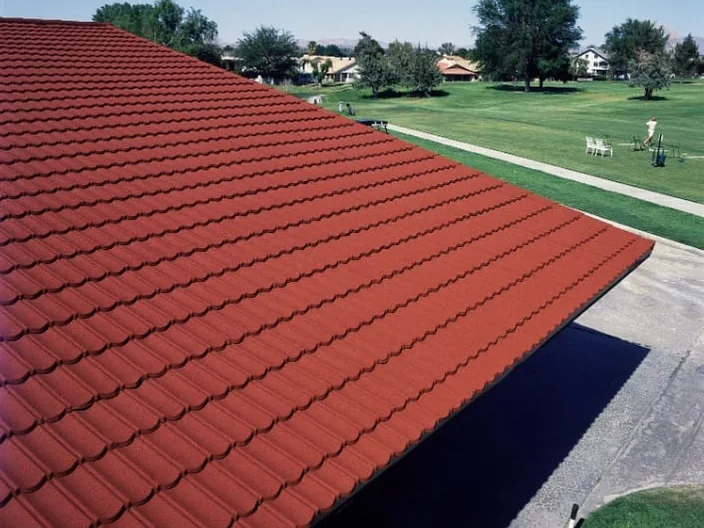 Stone coated metal roof tiles shown in a roof surface detail