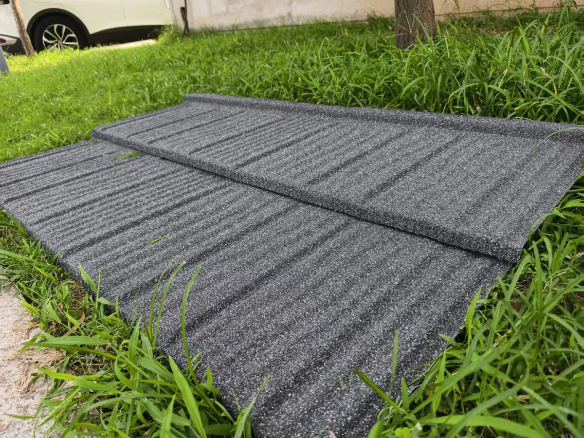 Stone coated metal roof tiles shown in a roof surface detail