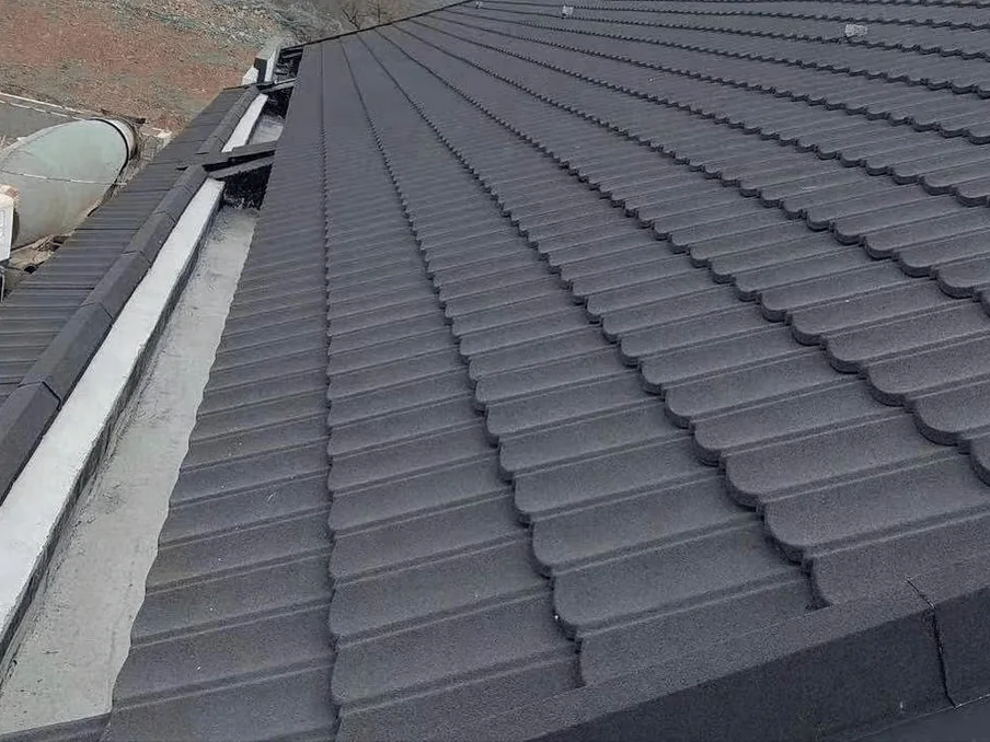 Stone coated metal roof tiles shown in a roof surface detail
