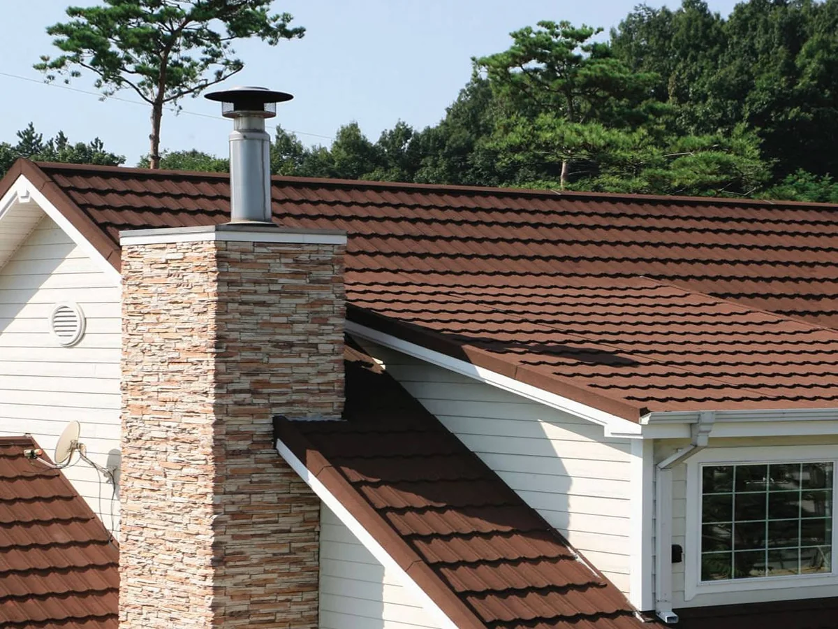 Stone coated metal roof tiles shown in a roof surface detail